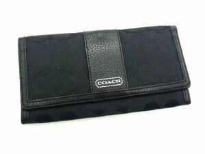 ■美品■ COACH コーチ シグネチャー キャンバス×レザー 二つ折り 長財布 ウォレット 札入れ 小銭入れ ブラック系 DE2280