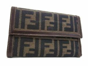 1円 FENDI フェンディ ズッカ柄 ナイロンキャンバス×レザー 三つ折り 財布 ウォレット 小銭入れ 札入れ ブラウン系 BI2442