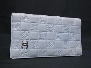 1円 ■美品■ CHANEL シャネル ココマーク アイコンライン レザー 二つ折り 長財布 ウォレット レディース ライトブルー系 AZ4474