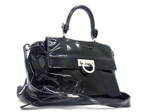 1円 ■美品■ Salvatore Ferragamo フェラガモ BW-21 A896 ガンチーニ パテントレザー 2WAY ハンドバッグ ショルダー ブラック系 BK1762