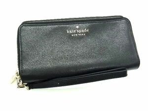 ■美品■ kate spade ケイトスペード レザー ハンドルストラップ付き ラウンドファスナー 長財布 ウォレット ブラック系 DE2293