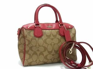 1 jpy # ultimate beautiful goods # COACH Coach F36702 signature PVC× leather 2WAY handbag shoulder diagonal .. brown group × red group FA5106