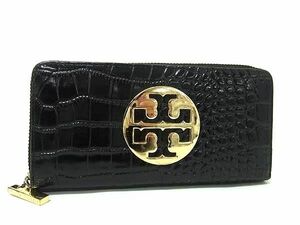 TORY BURCH トリーバーチ クロコダイル型押しレザー ラウンドファスナー 長財布 ウォレット 札入れ 小銭入れ ブラック系 DE6237