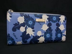 ■美品■ FURLA フルラ PVC フラワー 花柄 L字ファスナー 長財布 ウォレット 札入れ 小銭入れ カード入れ レディース ブルー系 DE6302