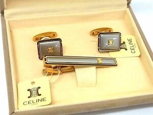 ■美品■ CELINE セリーヌ マカダム カフスボタン カフリンクス ネクタイピン アクセサリー 2点セット シルバー系×ゴールド系 DE6950