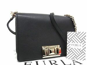 1円 ■新品同様■ FURLA フルラ ミミ レザー チェーン クロスボディ ショルダーバッグ 斜め掛け レディース ブラック系 AZ2476