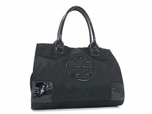 1円 ■美品■ TORY BURCH トリーバーチ エラ ナイロン×パテントレザー ハンドバッグ トート ショルダー 肩掛け ブラック系 FA8029