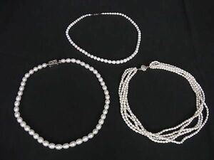 1円 ■美品■ 本真珠 淡水真珠 淡水パール 約3mm 約5mm 約7mm ネックレス アクセサリー 3点セット まとめ売り シルバー系 AX6811