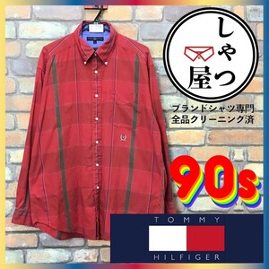 SD7-261★USA買付品★ゆるダボ【TOMMY HILFIGER トミーヒルフィガー】チェック 長袖 ボタンダウンシャツ【メンズ 大きめL】赤 古着