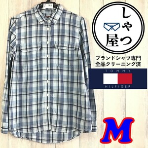 SD3-145◆良品◆【TOMMY HILFIGER トミーヒルフィガー】チェック柄 ワークシャツ【レディース M】灰紺 古着 長袖シャツ フラップポケット