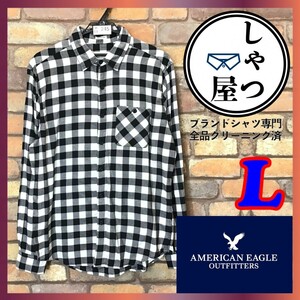 ME9-245▲格安▲USA正規品▲【American Eagle アメリカンイーグル】ブロックチェック 長袖 コットンシャツ【メンズ M】黒 白 薄手 古着