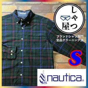 ME6-144◆アメリカ古着◆雰囲気◎【NAUTICA ノーティカ】裾/刺繍ロゴ チェック柄 長袖 BDシャツ【メンズ S】緑 青 赤 コットン アメカジ