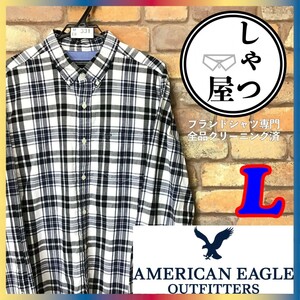 ME6-331★アメリカ買付★状態良好・万能【AEO アメリカンイーグル】刺繍ロゴ 長袖 チェックシャツ【メンズ L】紺 黒 ボタンダウンシャツ