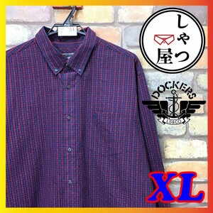 SD8-051◆大きいサイズ◆状態良好【DOCKERS ドッカーズ】片ポケット 長袖 ボタンダウン チェックシャツ【メンズ XL】赤 紺 薄手 古着