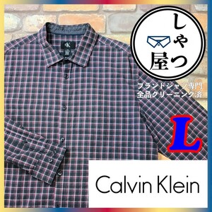 SD8-404◆海外正規品◆レッド×グレー【Calvin Klein カルバンクライン】長袖 チェックシャツ【メンズ L】赤 灰 古着 薄手 Yシャツ