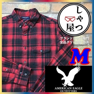 ME1-549◆良品◆レッド×ブラック◆【American Eagle アメリカンイーグル】片ポケット チェック 長袖 コットンBDシャツ【メンズ M】薄手