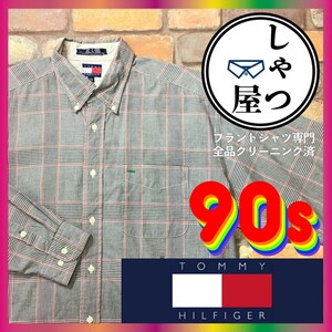 SD8-372★90's★VINTAGE【TOMMY HILFIGER トミーヒルフィガー】片ポケット 長袖 ボタンダウン グレンチェックシャツ【メンズ L】紺 古着