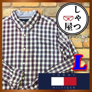 SD8-841◆海外正規品◆状態良好【TOMMY HILFIGER トミーヒルフィガー】片ポケット 長袖 3点留めボタンダウン チェックシャツ【メンズ L】赤