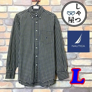 ME5-132◆USA直輸入◆美品 好配色【NAUTICA ノーティカ】胸ポケット 刺繍ロゴ 長袖 BDシャツ【メンズ L】紺 黄 USA古着 ボタンダウンシャツ