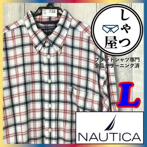 SC10-738◆90s オールドタグ◆【NAUTICA ノーティカ】チェック柄 長袖 ボタンダウンシャツ【メンズ L】白 紺 赤 カジュアル USA古着