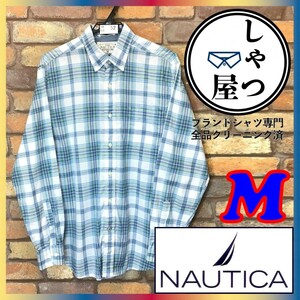 ME9-552◆USA古着◆正規品◆状態◎【NAUTICA ノーティカ】オールコットン ボタンダウン チェックシャツ【メンズ M】青 緑 白 長袖