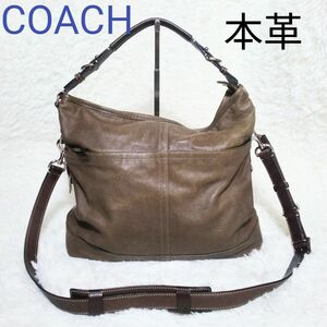 極美品　COACH　メンズ　ショルダーバッグ　斜め掛け　2ウェイ　本革　ショルダーベルト長さ調整可能　カーキブラウン色