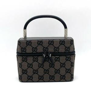 1円 極美品 GUCCI グッチ GGキャンバス レザー バニティバッグ ハンドバッグ ダークブラウン ブラック 039 1051