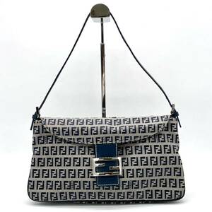 1円 美品 FENDI フェンディ ズッカ柄 ズッキーノ マンマバケット ネイビー セミショルダー 肩掛け ハンドバッグ FFロゴ SV金具