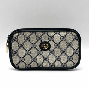 1円 べたなし 極美品 GUCCI オールドグッチ GG柄 ネイビー ポーチ 小物入れ バッグ インターロッキングG ゴールド金具