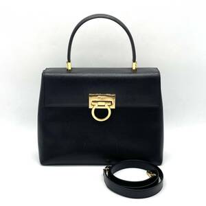 1 jpy superior article Salvatore Ferragamo Ferragamo gun chi-nisafia-no leather 2way handbag shoulder Kelly type Gold metal fittings 