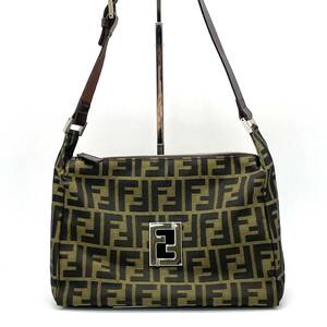 1円 美品 FENDI フェンディ ズッカ柄 ズッカ ナイロンキャンバス ワンショルダーバッグ 肩掛け カーキ FFロゴ SV金具