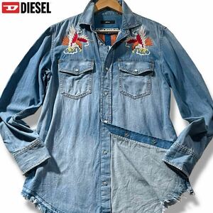 極美品/M相当●DIESEL ディーゼル 刺繍デザイン ウエスタン デニムシャツ ジャケット インディゴ 鳥 バード 花 フラワー 春夏 シェルボタン