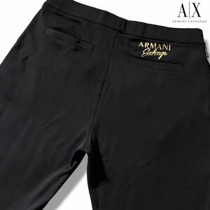 未使用級/XL相当●アルマーニ エクスチェンジ ジャージ ジャガー パンツ ARMANI EXCHANGE ストレッチ ファスナー ロゴタグ ゴールドロゴ 黒