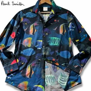 美品/XLサイズ●現行タグ ポールスミス 長袖シャツ 羽織り Paul Smith ボックスロゴ 総柄 熱帯魚 フィッシュ 水槽 魚 プリントデザイン