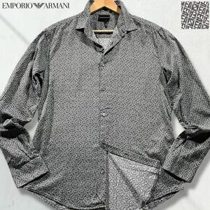 極美品/XLサイズ●溢れる清潔感 エンポリオ アルマーニ 長袖シャツ 羽織り 春夏 EMPORIO ARMANI ストレッチ EAロゴ総柄デザイン グレー