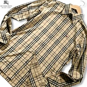  превосходный товар /L размер * Burberry Black Label рубашка с длинным рукавом кнопка BURBERRY BLACK LABEL. изначальный шланг Logo вышивка noba проверка общий рисунок бежевый 