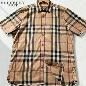  almost unused /L size * Burberry Blit short sleeves shirt feather weave BURBERRY BRIT men's noba check total pattern mega check beige button Logo 