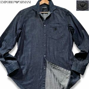  не использовался класс /L размер * Emporio Armani Denim рубашка с длинным рукавом джинсовый жакет EMPORIO ARMANI индиго голубой . изначальный Eagle Logo нашивка 