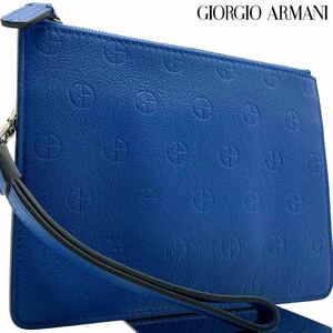 unused class * top class joru geo Armani leather clutch bag second bag GIORGIO ARMANI men's wrinkle leather strap GA Logo total pattern blue 