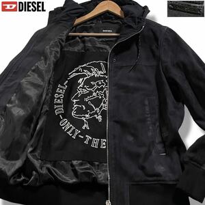 美品/XL相当●DIESEL ディーゼル ゴートレザー パーカー フード ジャケット ジップアップ 山羊革 ロゴ金具 裏地ブレイブマンロゴ 黒