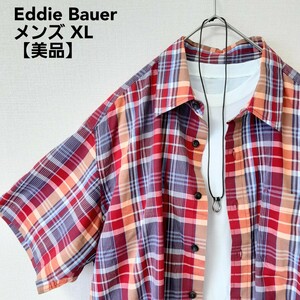 【美品】 Eddie Bauer エディバウアー　エディ・バウアー　半袖シャツ　メンズ XL LL チェック　赤　レッド　 