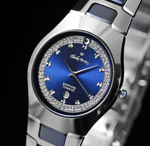 超硬タングステン&セラミック＆CZダイヤ&サファイヤクリスタル 豪華腕時計BLUE メンズ