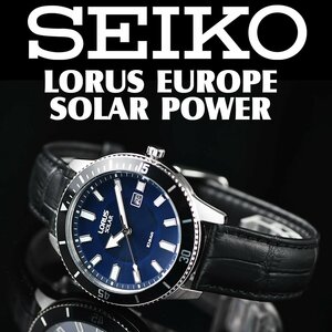 新品 逆輸入セイコーLORUS 電池交換不要ソーラーパワー 100m防水 ダークブルー 本革ベルト 腕時計 ヨーロッパ メンズ 激レア日本未発売