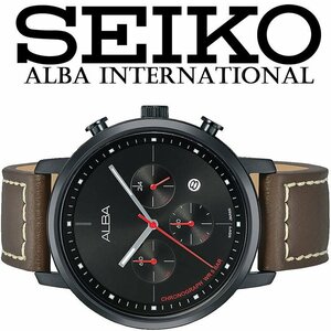セイコーALBA 逆輸入 50m防水 クロノグラフ 本革ベルト ブラック＆ブラウン メンズ 入手困難 アルバ 日本未発売 SEIKO 腕時計