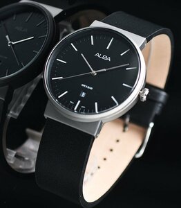 新品 逆輸入セイコーALBA 薄さ8ミリ 視認性高く無駄削ぎ落とした王道のシンプル仕様 ブラック50m防水 本革ベルト メンズ日本未発売 腕時計