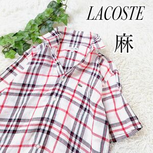 【美品】LACOSTE ラコステ　リネン　チェック柄半袖シャツ　春夏　L