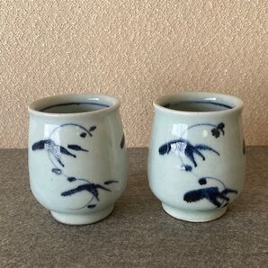 染付 湯呑 湯飲み 2客セット 陶器 陶芸 手作り ハンドメイド 草花模様