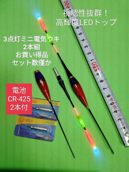 3点灯ミニ電気ウキ2本組　電池CR-425　2本付き、ウキケース付　販売数僅か！