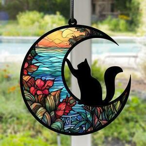 猫 飾り 窓パネル 月飾りの猫 三日月　壁掛け　黒猫 　ステングラス ペンダン
