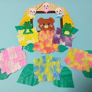折り紙　壁面飾り　梅雨　リースと紫陽花のセット